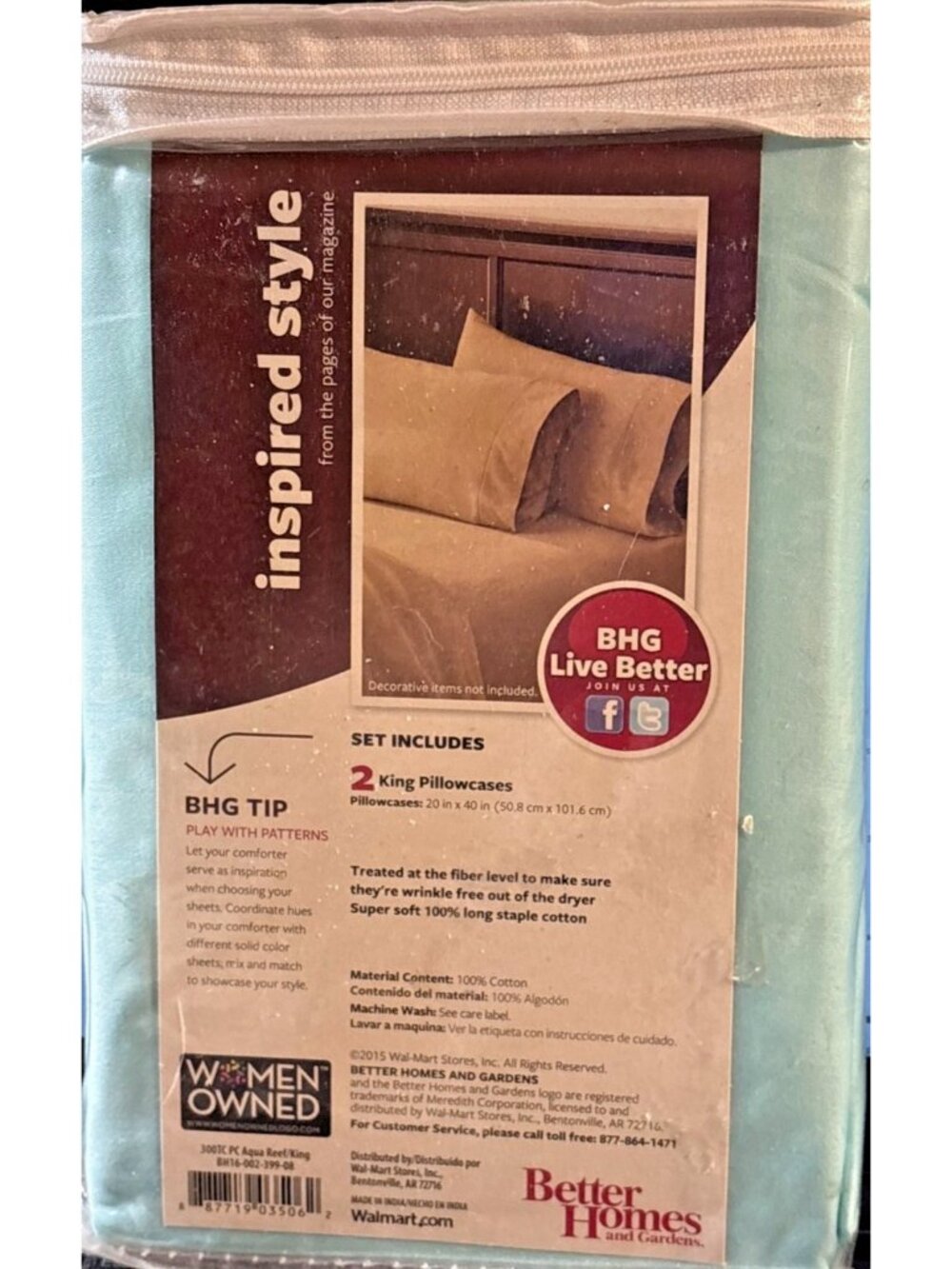 BHG King Size 300 Thread Count Wrinkle Free Cotton Pillowcase Aqua Reef Sage Grn - Picture 6 of 7